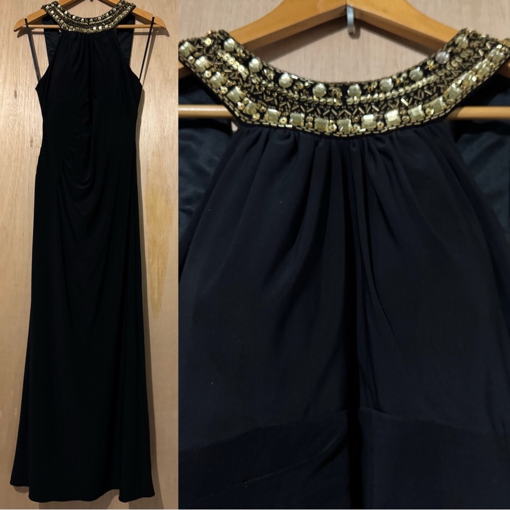 Xscape Black Maxi Dress with Gold Embellishments